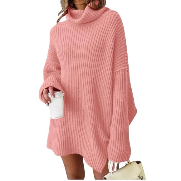 Sweaters - Turtleneck Sweater Womens Large Pink Oversized Batwing Sleeve Ribbed Dress D2